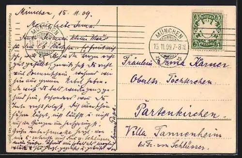 Künstler-Lithographie Paul Hey: Mutter und Grossmutter spazieren mit der Tochter im Herbst