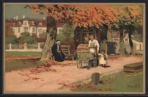 Künstler-Lithographie Paul Hey: Mutter und Tochter beim Herbstspaziergang