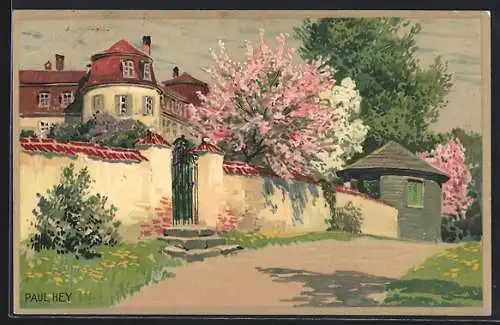 Künstler-Lithographie Paul Hey: Blühende Kirschen