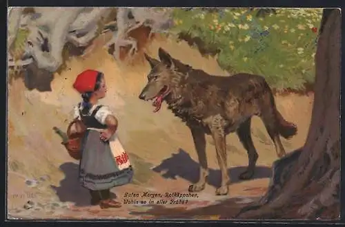 Künstler-Lithographie P. Hey: Rotkäppchen trifft auf den bösen Wolf