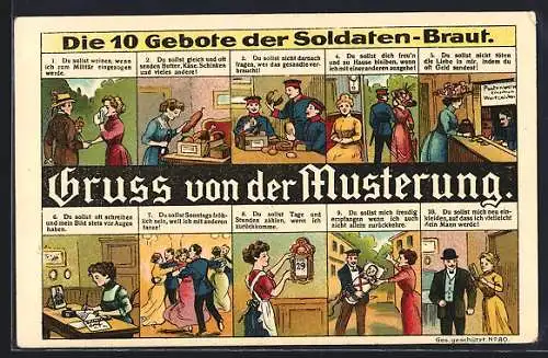 AK Gruss von der Musterung, Die 10 Gebote der Soldaten-Braut, verschiedene Darstellungen von Verhaltensregeln