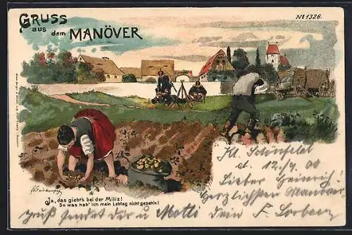 Künstler-AK Bruno Bürger & Ottillie Nr. 1326: Kleinhempel, Infanteristen schauen einer Bäuerin bei der Feldarbeit zu