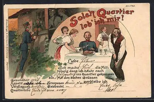 Künstler-AK Bruno Bürger & Ottillie Nr. 1795: Solch Quartier lob ich mir! - Soldat wird verwöhnt