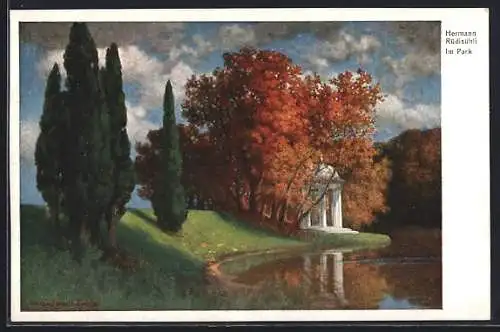 Künstler-AK Hermann Rüdisühli: Im Park, Idyll mit kleiner Kapelle