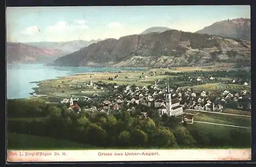 AK Unter-Aegeri, Ortsansicht mit Kirche und See