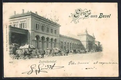 AK Basel, Centralbahnhof mit Fuhrwerken und Strasse