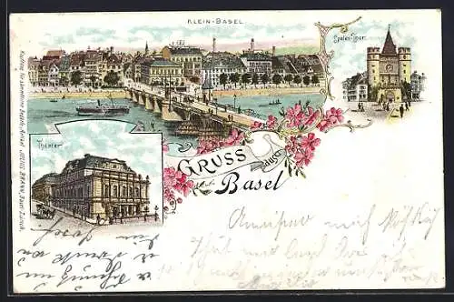 Lithographie Basel, Theater, Spalen-Thor, Klein-Basel mit Brücke