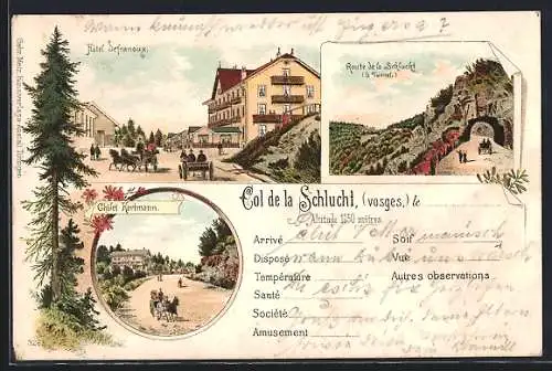Lithographie Col de la Schlucht, Hotel Defranoux, Route de la Schlucht, Chalet Hartmann