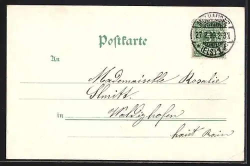 Lithographie Mülhausen i. E., Rathhaus, Postamt, Teilansicht