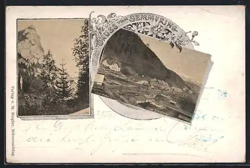 Lithographie Semmering, Hotel Stefan, Station Semmering, Blick zur Brücke