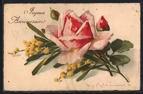 Künstler-AK Catharina Klein: Rote Rose mit Zweigen, Geburtstagsgruss