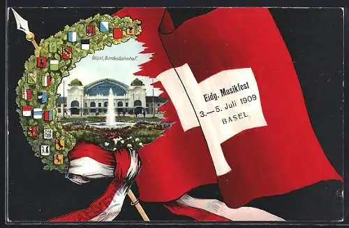 AK Basel, Eidg. Musikfest 1909, Bundesbahnhof, Wappen und Fahne