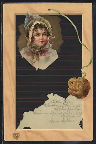 Präge-AK Mädchen mit Pelz auf einer Schiefertafel