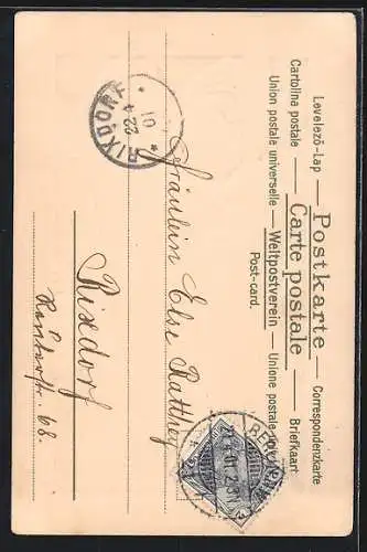 Präge-AK Mädchen mit Pelz auf einer Schiefertafel