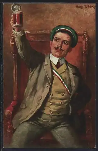 Künstler-AK Georg Mühlberg: Student in Couleur mit gehobenem Bierkrug