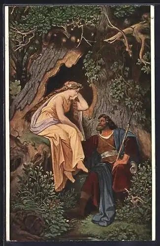 Künstler-AK Moritz von Schwind: Frau im Baum sitzend unterhält sich mit einem Mann
