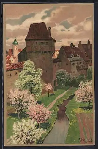 Künstler-AK P. Hey: Nr. 1468, Mauerpartie mit blühenden Bäumen