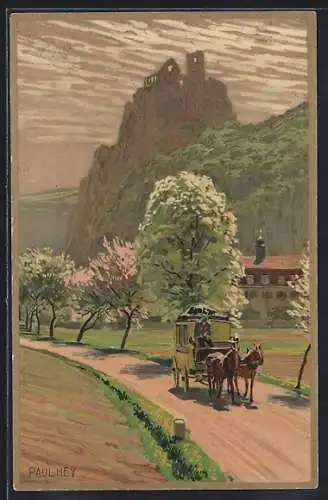 Künstler-AK P. Hey: Postkutsche an einem Frühlingstag