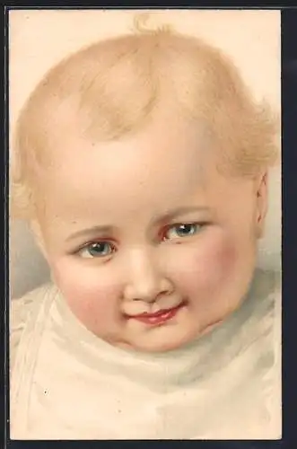 Lithographie Kinderkopf mit blondem Haar und blauen Augen