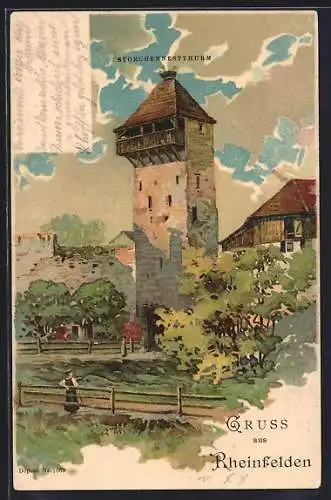 Lithographie Rheinfelden, Partie am Storchennestthurm