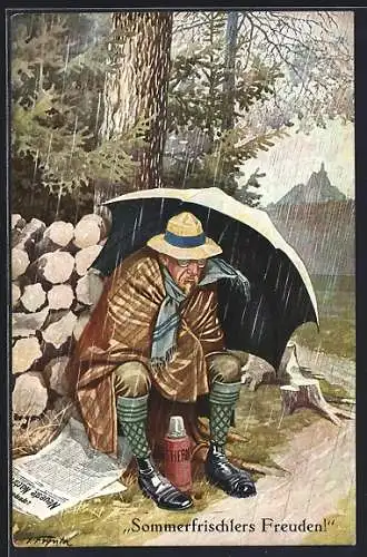 Künstler-AK Mann am Wegesrand im Regen