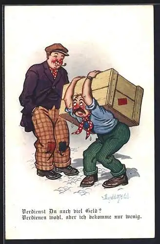 Künstler-AK Donald McGill: Mann mit geflickter Hose macht sich über den Mann mit der schweren Kiste lustig