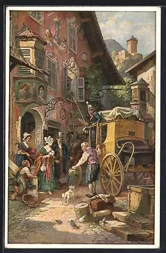 Künstler-AK Hochzeitsreise, Postkutsche, Szene aus dem 19. Jahrhundert