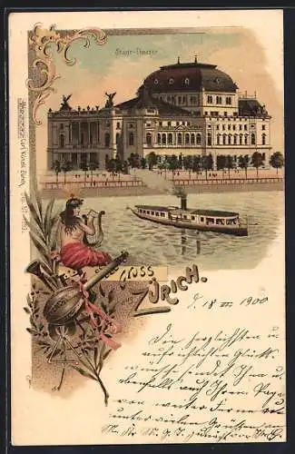 Lithographie Zürich, Stadt-Theater mit Dampfer