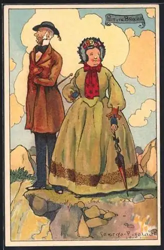 Künstler-AK sign.: George P. de Laer: Paar auf einem Felsen mit Schirm