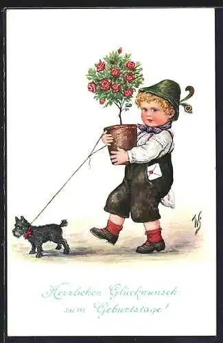 Künstler-AK Willi Scheuermann: Knabe mit Topfrose und Hund, Geburtstagsgruss