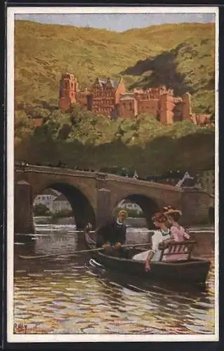 Künstler-AK Paul Hey: Heidelberg, Bootsfahrt mit Blick zum Schloss