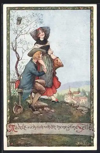 Künstler-AK T. Welzl: Junger Mann bietet dem Mädchen einen Platz auf der Bank an