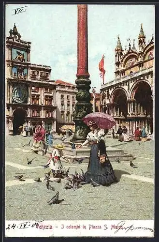 Lithographie Venezia, I colombi in Piazza S. Marco, Mutter und Kind füttern Tauben auf dem Markusplatz