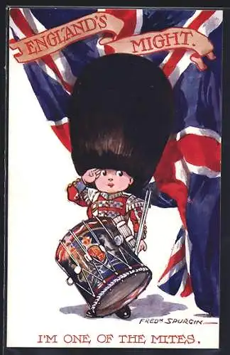 Künstler-AK Fred Spurgin: Englands Might, Kleiner englischer Trommler mit Bärenfellmütze