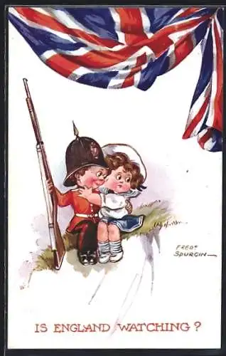Künstler-AK Fred Spurgin: Is England watching?, Kleiner Soldat mit Freundin