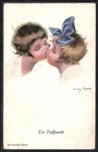 Künstler-AK Chicky Spark: Ein Treffpunkt, Pärchen küsst sich