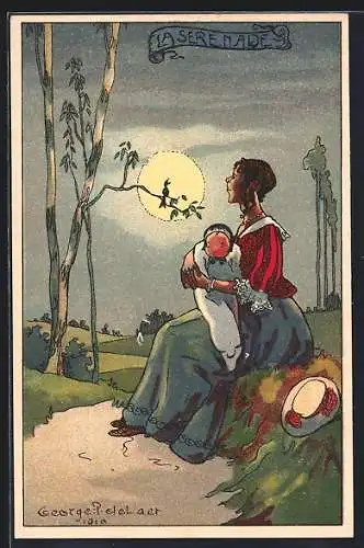 Künstler-AK sign. George P. de Laer: Mondscheinserenade, Mutter mit Baby und Singvogel