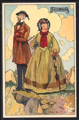 Künstler-AK sign.: George P. de Laer: Paar auf einem Felsen mit Schirm