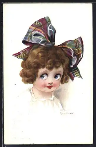 Künstler-AK Fred Spurgin: Portrait Mädchen mit karierter Schleife