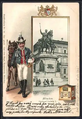 Passepartout-Lithographie München, Denkmal Ludwig I., Postbote am Briefkasten, Wappen