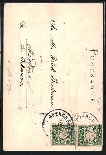 Passepartout-Lithographie München, Denkmal Ludwig I., Postbote am Briefkasten, Wappen