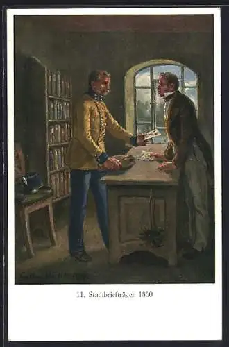 AK Stadtbriefträger 1860, Auslieferung eines Briefes