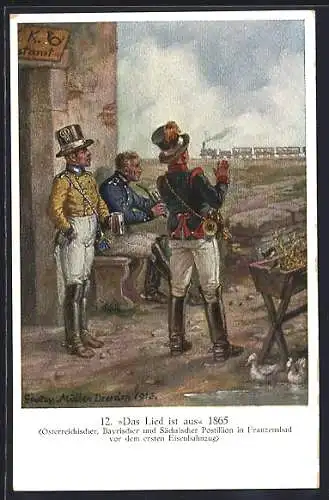 AK Sächsische Post, Bild Nr. 12, Das Lied ist aus, 1865, Franzensbad, Der erste Eisenbahnzug befördert die Post