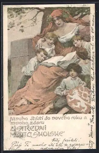 Künstler-AK Frau mit vielen Kindern im Arm liest aus dem Buch vor, Jugendstil