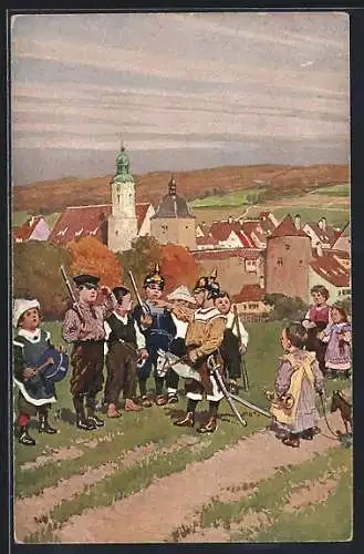 Künstler-AK P. Hey: Kinder mit Pickelhaube beim Salutieren