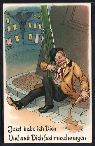 Lithographie Betrunker hängt an Strassenlaterne, Trinkerhumor