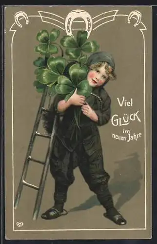 AK Viel Glück im neuen Jahre, Kleiner Schornsteinfeger mit Klee