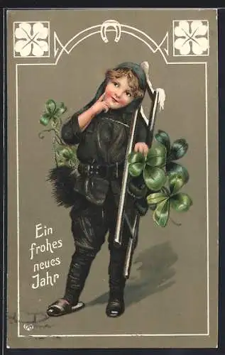 AK Schornsteinfeger mit Glücksklee und Neujahrsgruss