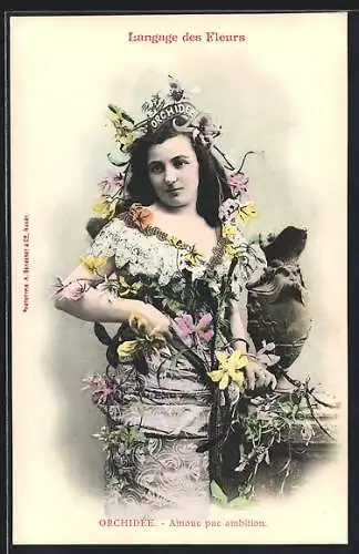 AK Langage des Fleurs, Orchidee, Amour par ambition, Junge Dame mit Orchideen