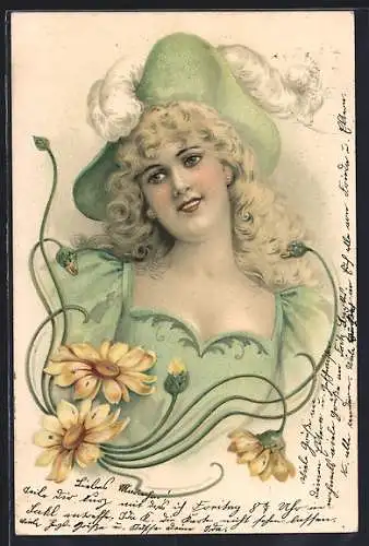 AK Schöne Blonde in grünem Kleid, gelbe Blumen, Jugendstil